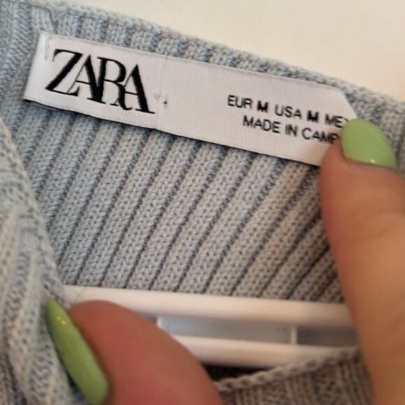 Zara baby blue cropped ribbed knit puff sleeve open back top - Picture 8 of 11